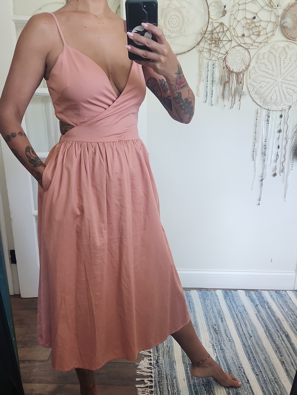 Women’s Pink Spaghetti-Strap Midi Dress With Pockets!